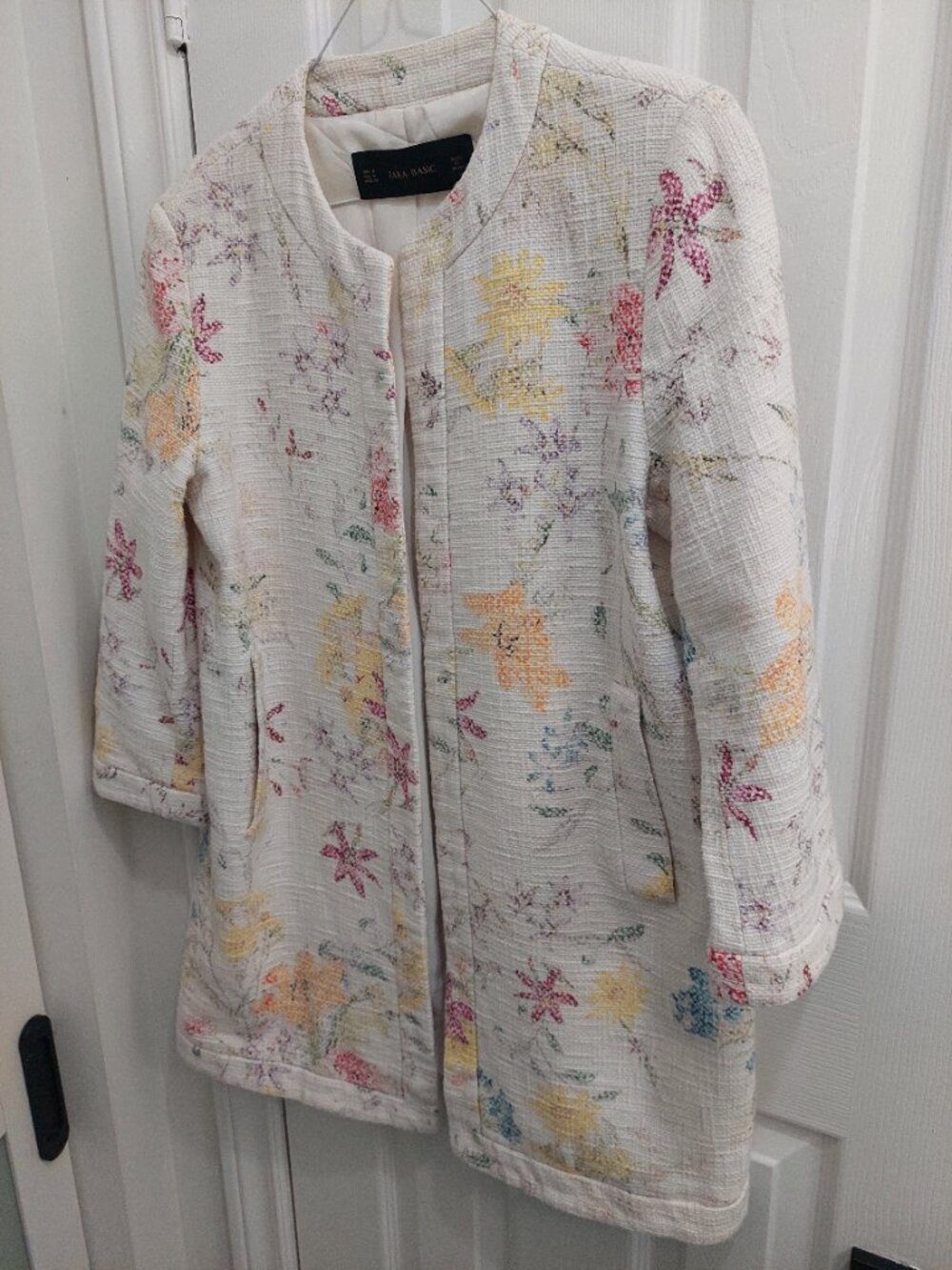 Zara Basic Multicolor Floral Textured Tweed Longline Open Coat M - Picture 8 of 8